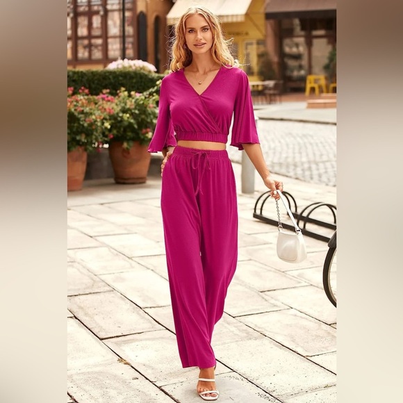 PRETTYGARDEN 2 Piece Outfits For 2024 Summer Wide Leg Pants Set Purple Size M - Picture 7 of 14